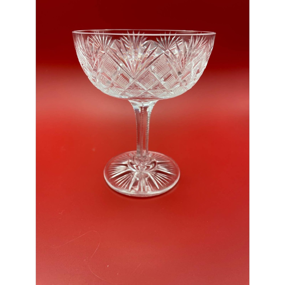 7 Antique ABP Cut Crystal Champagne Glasses Higgins & Seiter Strawberry Diamond